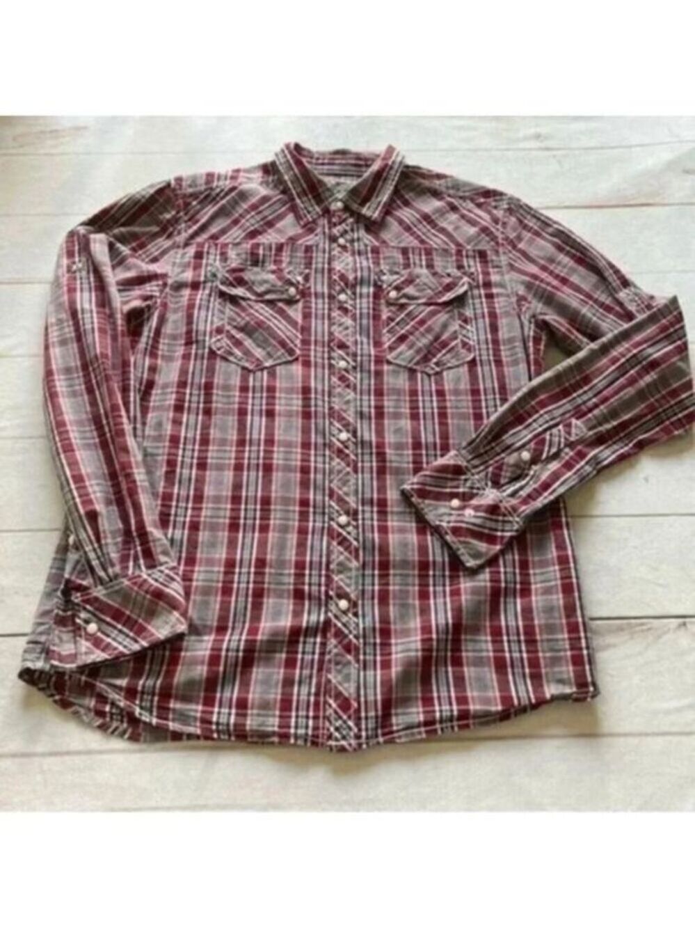 BKE Men’s Athletic Fit Pearl Snap Red Plaid Western Long Sleeve Shirt Si…